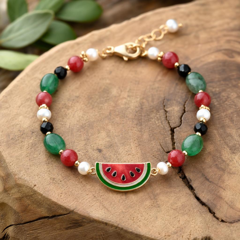 Watermelon-themed bracelet charm with red jade, green agate, black onyx, and white pearl accents
